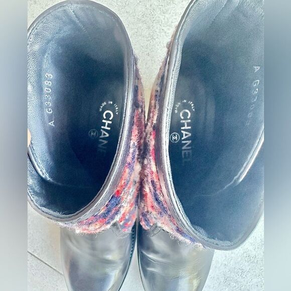 CHANEL 2017 Lambskin & Tweed Pattern Ankle Black Boots Size 40 - Picture 13 of 14